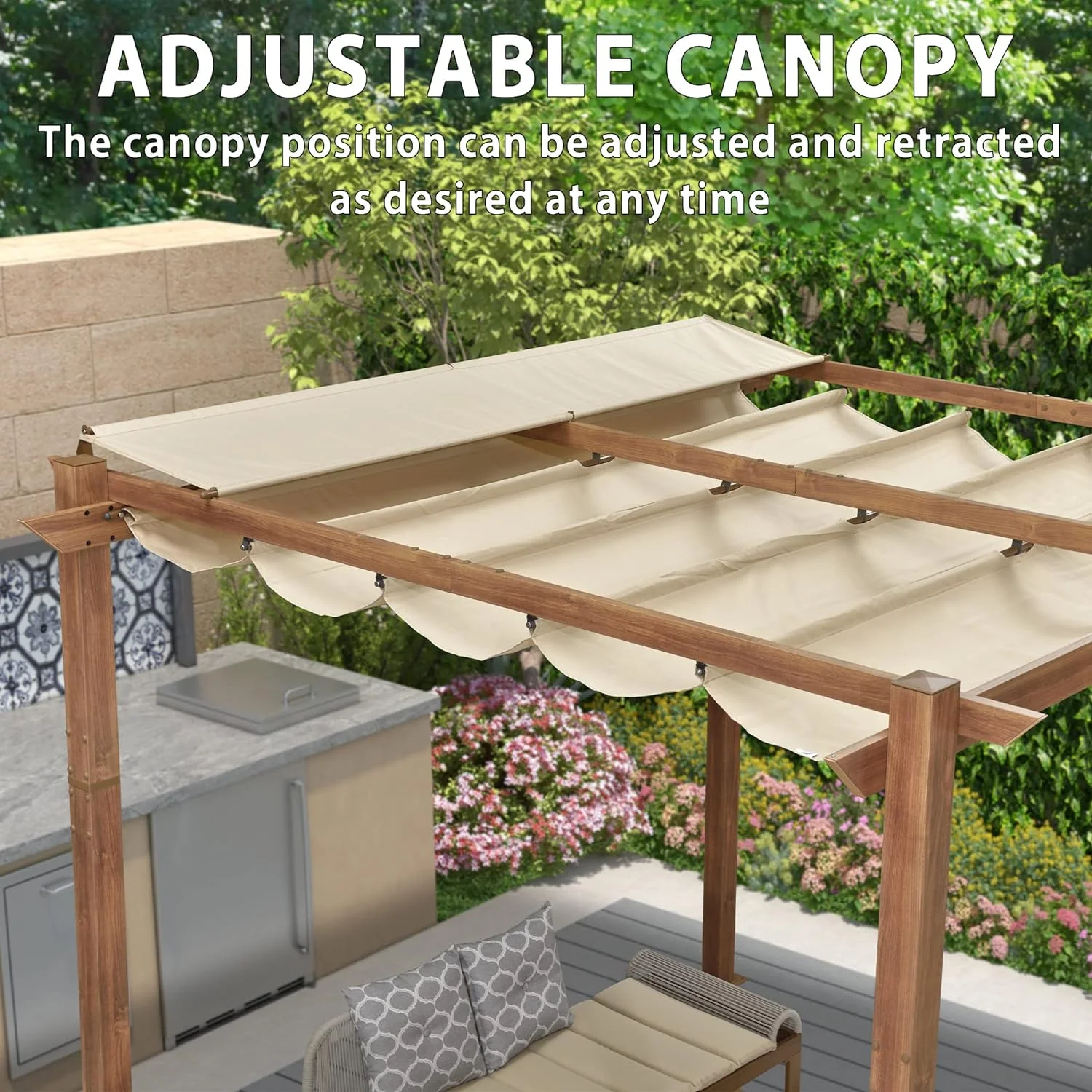 PURPLE LEAF Outdoor Retractable Pergola Natural Wood Grain Frame Grill Gazebo - Image 31