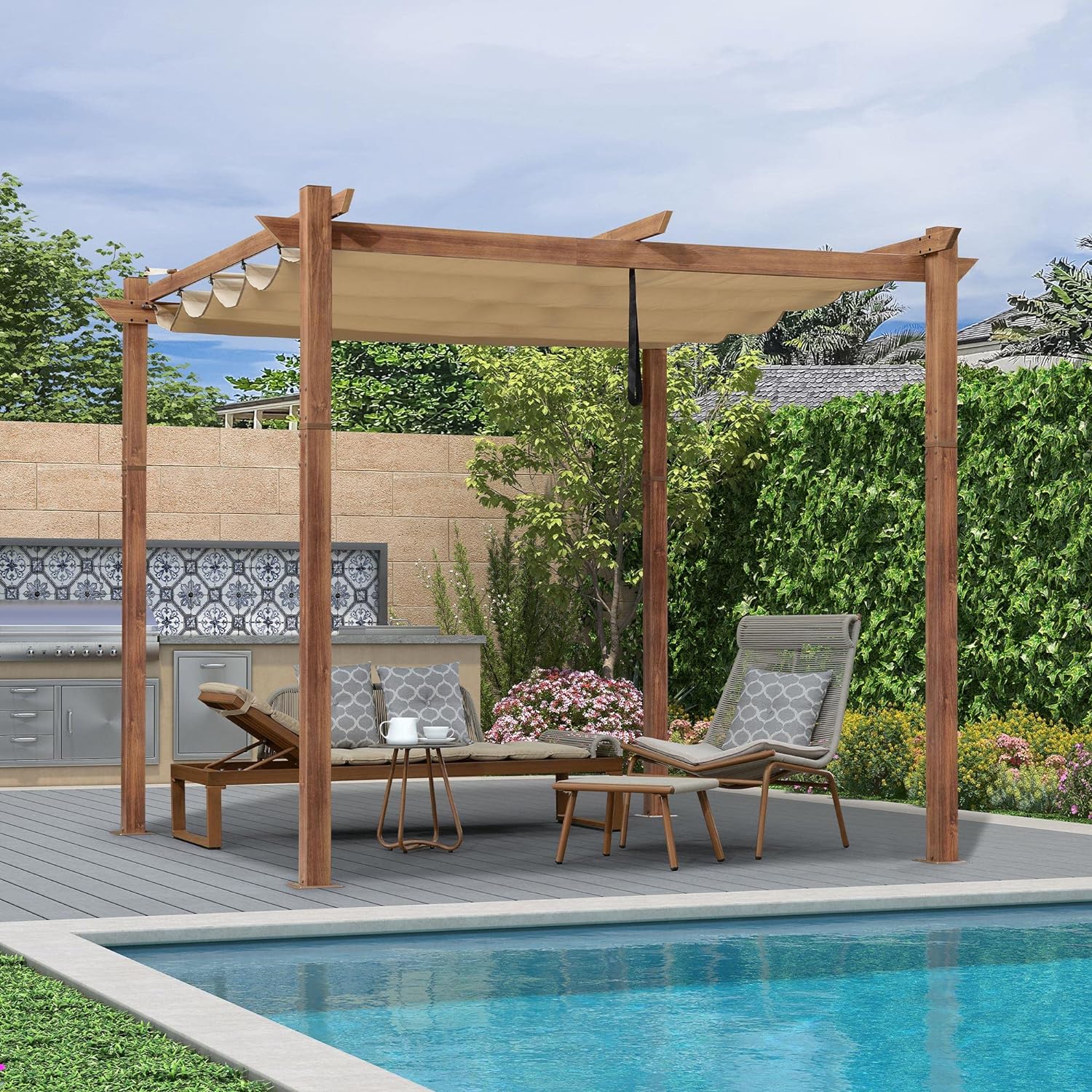PURPLE LEAF Outdoor Retractable Pergola Natural Wood Grain Frame Grill Gazebo - Image 32