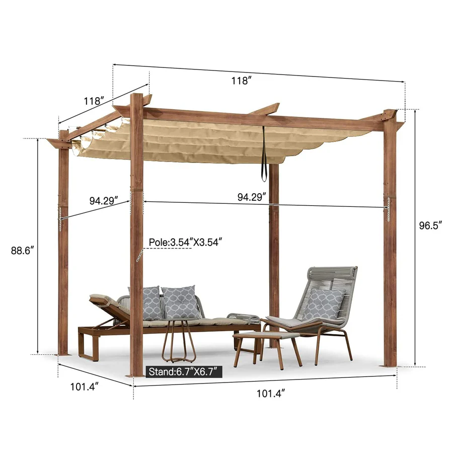 PURPLE LEAF Outdoor Retractable Pergola Natural Wood Grain Frame Grill Gazebo - Image 34