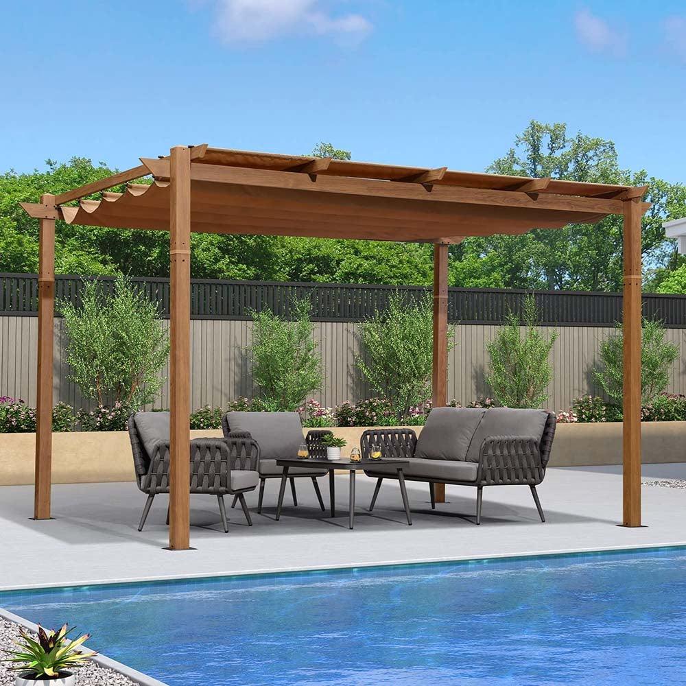 PURPLE LEAF Outdoor Retractable Pergola Natural Wood Grain Frame Grill Gazebo - Image 4