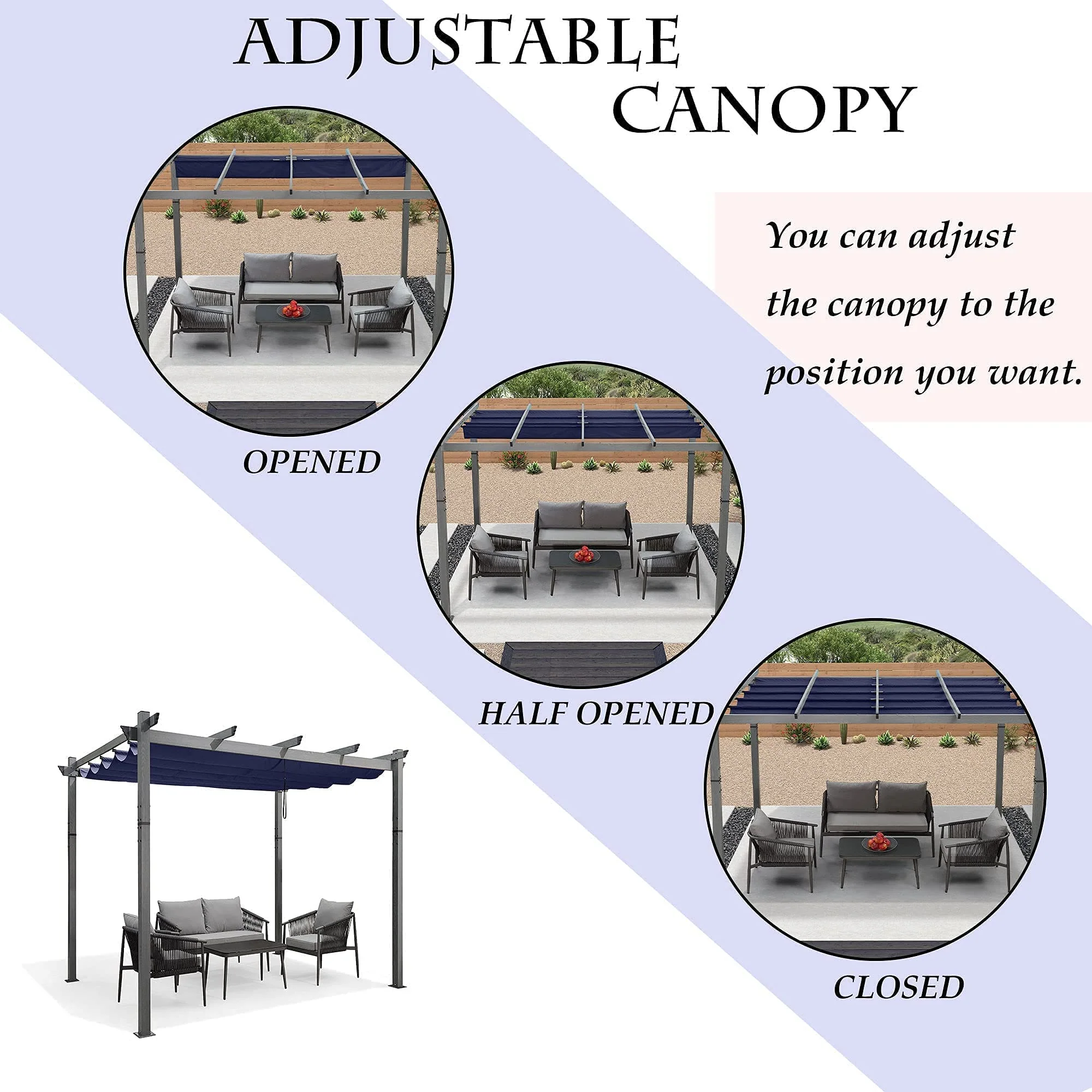 PURPLE LEAF Outdoor Retractable Wood Grain Pergola Patio Aluminum Pergola - Image 14