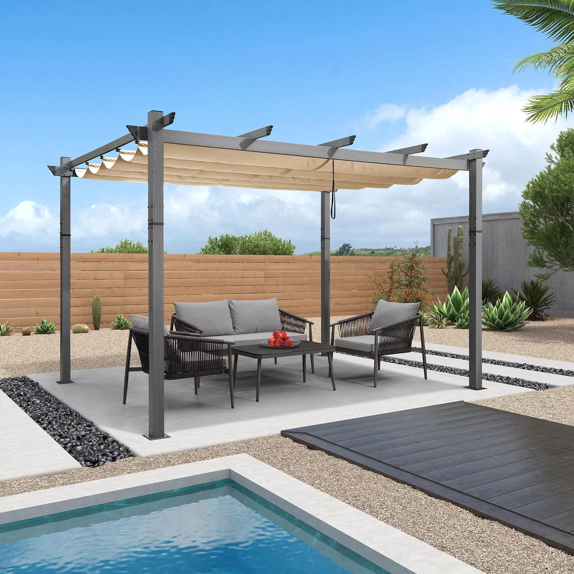 PURPLE LEAF Outdoor Retractable Wood Grain Pergola Patio Aluminum Pergola - Image 16