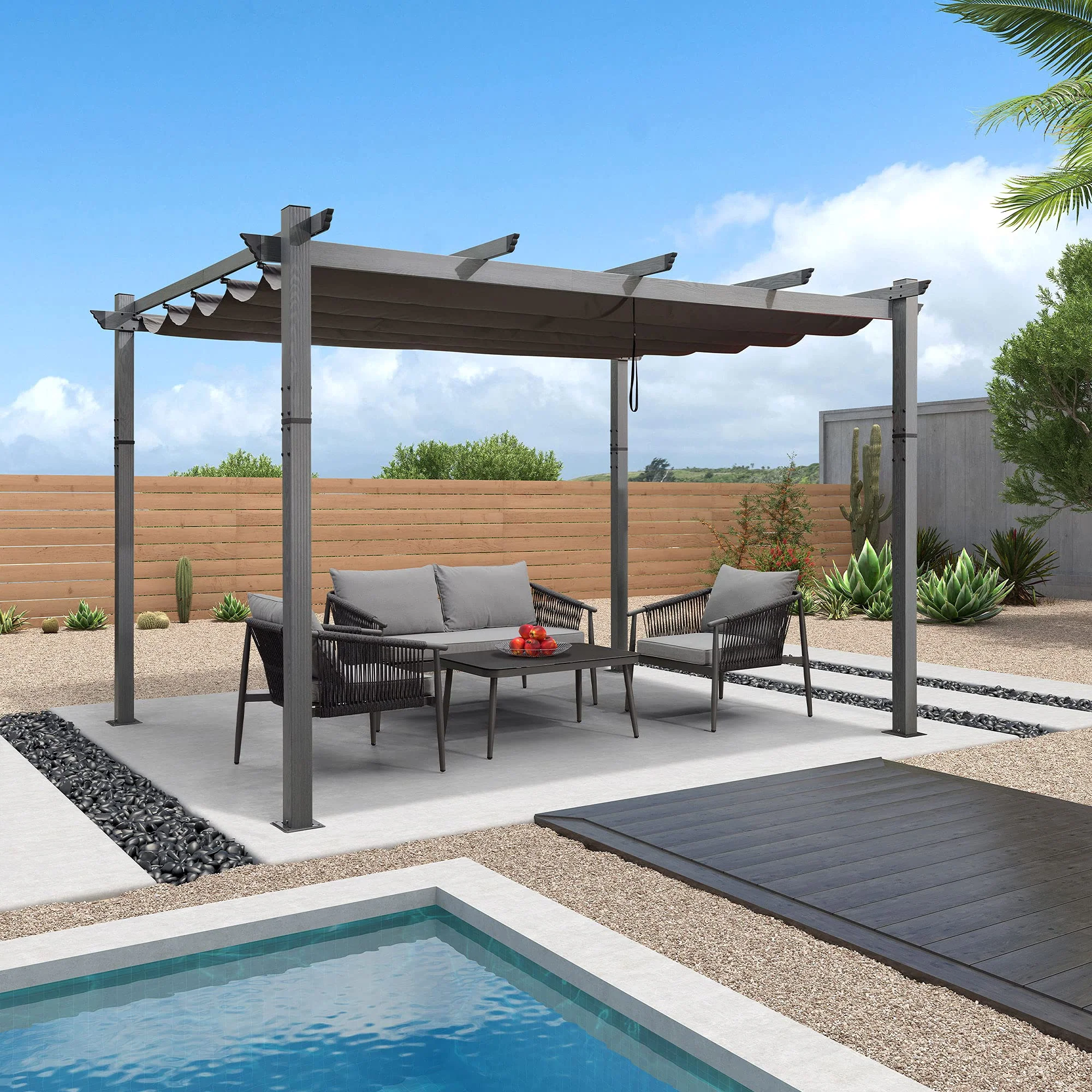 PURPLE LEAF Outdoor Retractable Wood Grain Pergola Patio Aluminum Pergola - Image 20