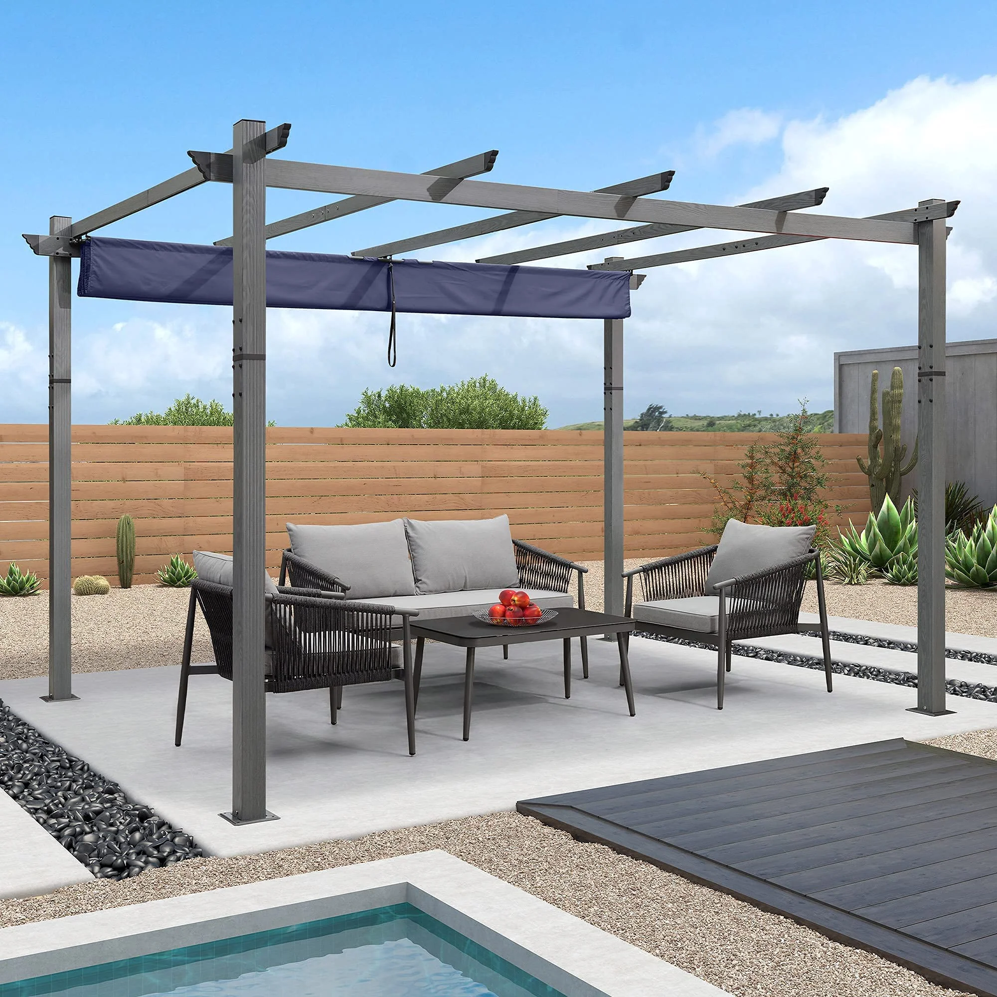 PURPLE LEAF Outdoor Retractable Wood Grain Pergola Patio Aluminum Pergola - Image 24