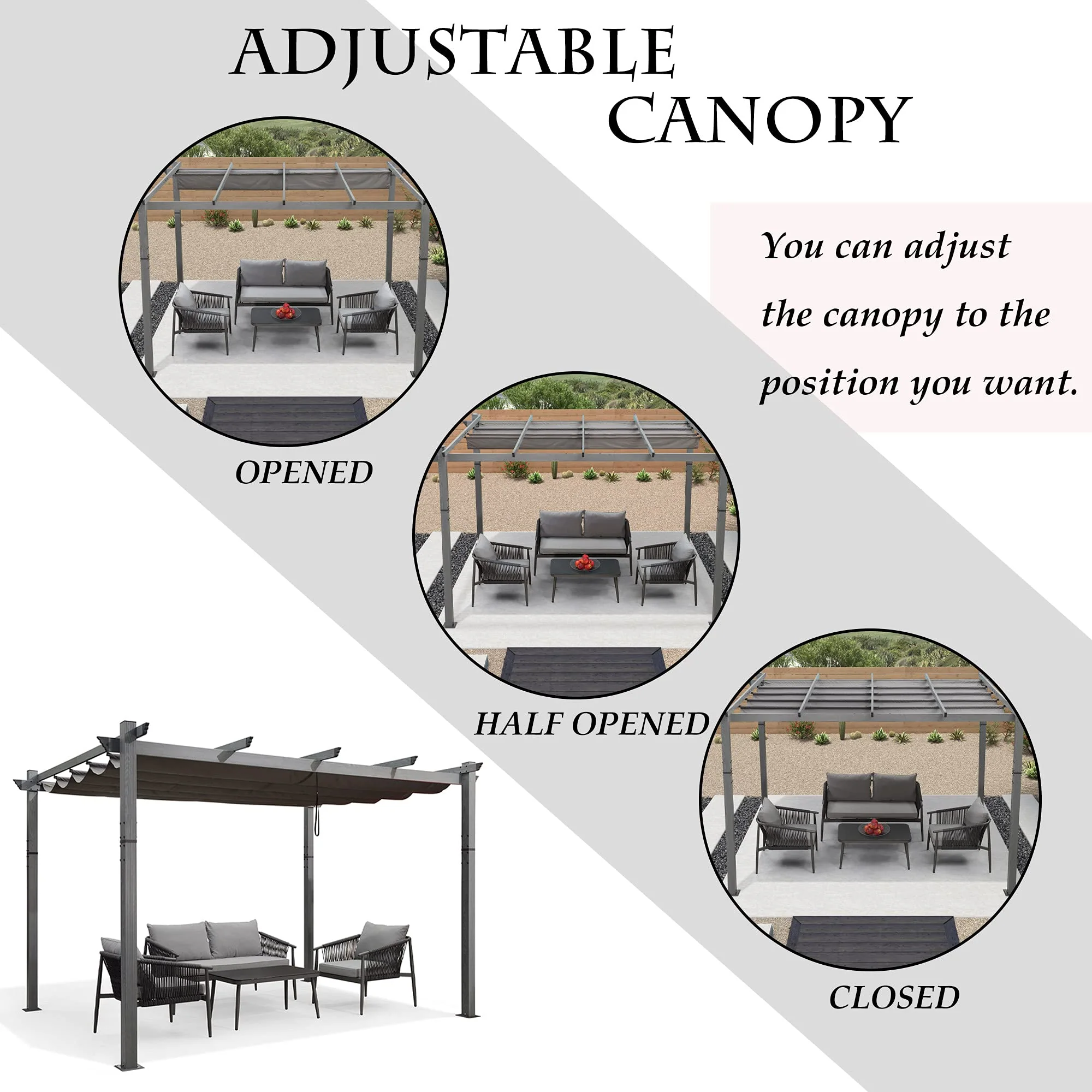 PURPLE LEAF Outdoor Retractable Wood Grain Pergola Patio Aluminum Pergola - Image 27