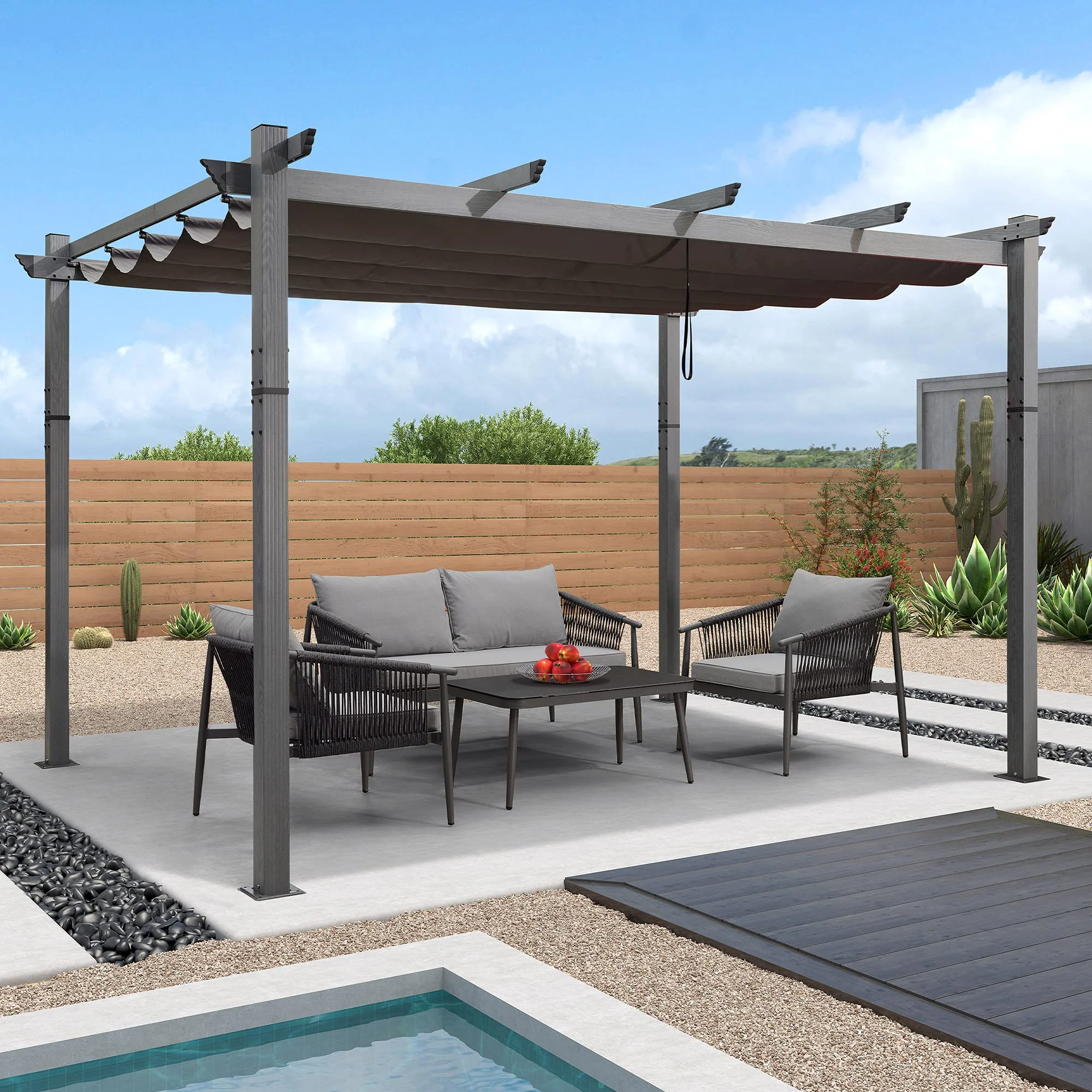 PURPLE LEAF Outdoor Retractable Wood Grain Pergola Patio Aluminum Pergola - Image 31