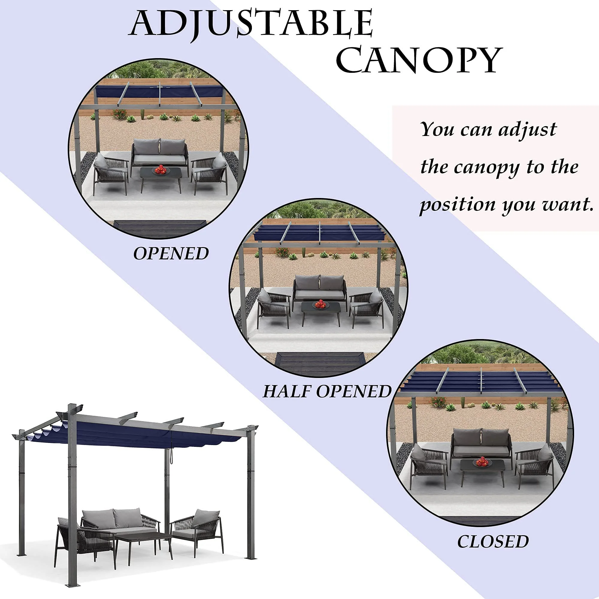 PURPLE LEAF Outdoor Retractable Wood Grain Pergola Patio Aluminum Pergola - Image 33