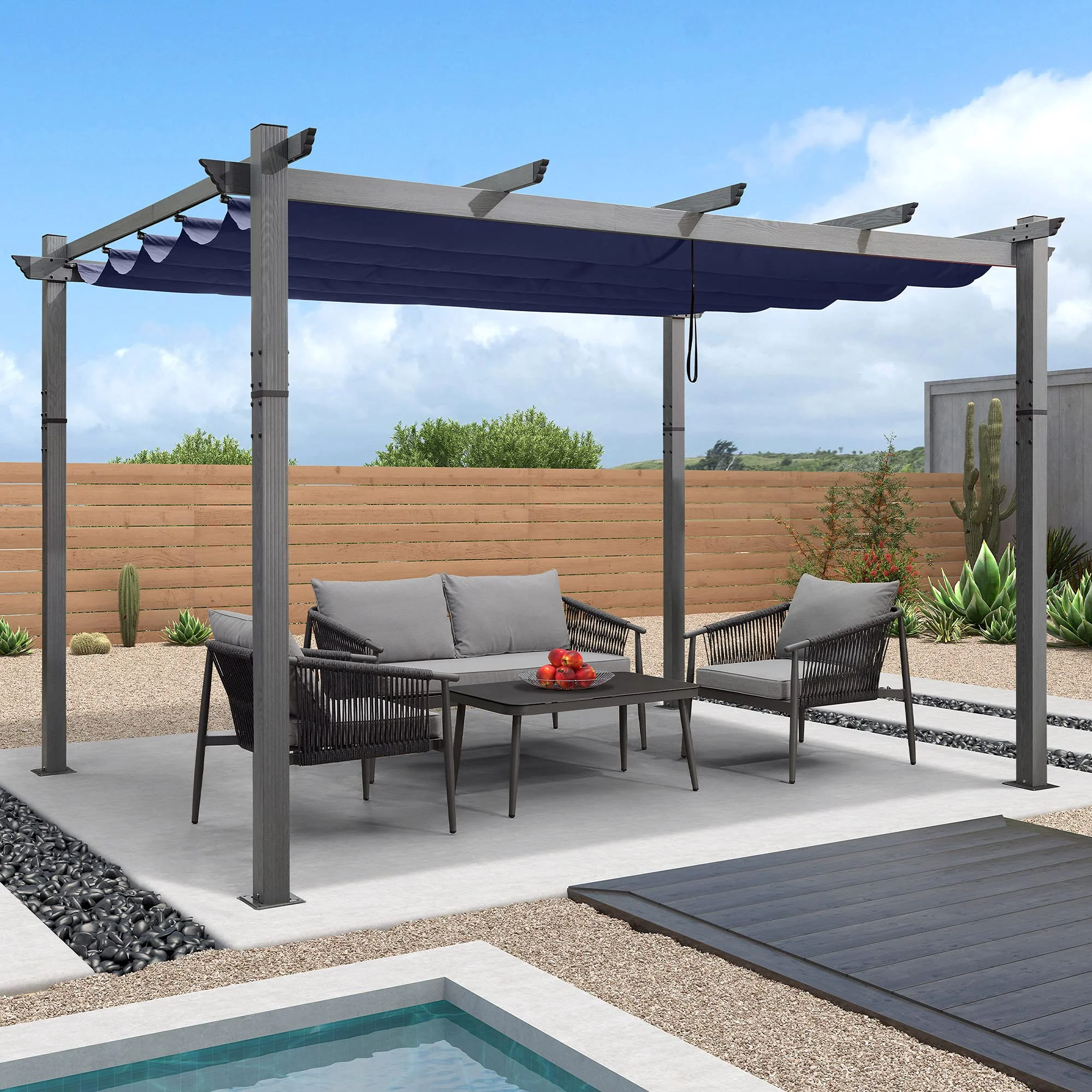 PURPLE LEAF Outdoor Retractable Wood Grain Pergola Patio Aluminum Pergola - Image 34