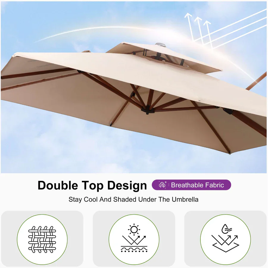 PURPLE LEAF Double Top Square Aluminum Parasol in Wood Color 10 ft - Image 43